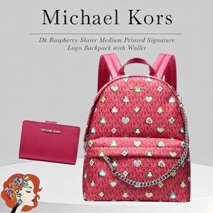 Michael Kors Raspberry Heart Print Backpack and Wallet Set NWT